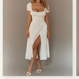 EVIE White Puff Sleeve Midi Dress.  Raw Milkmaid Dress